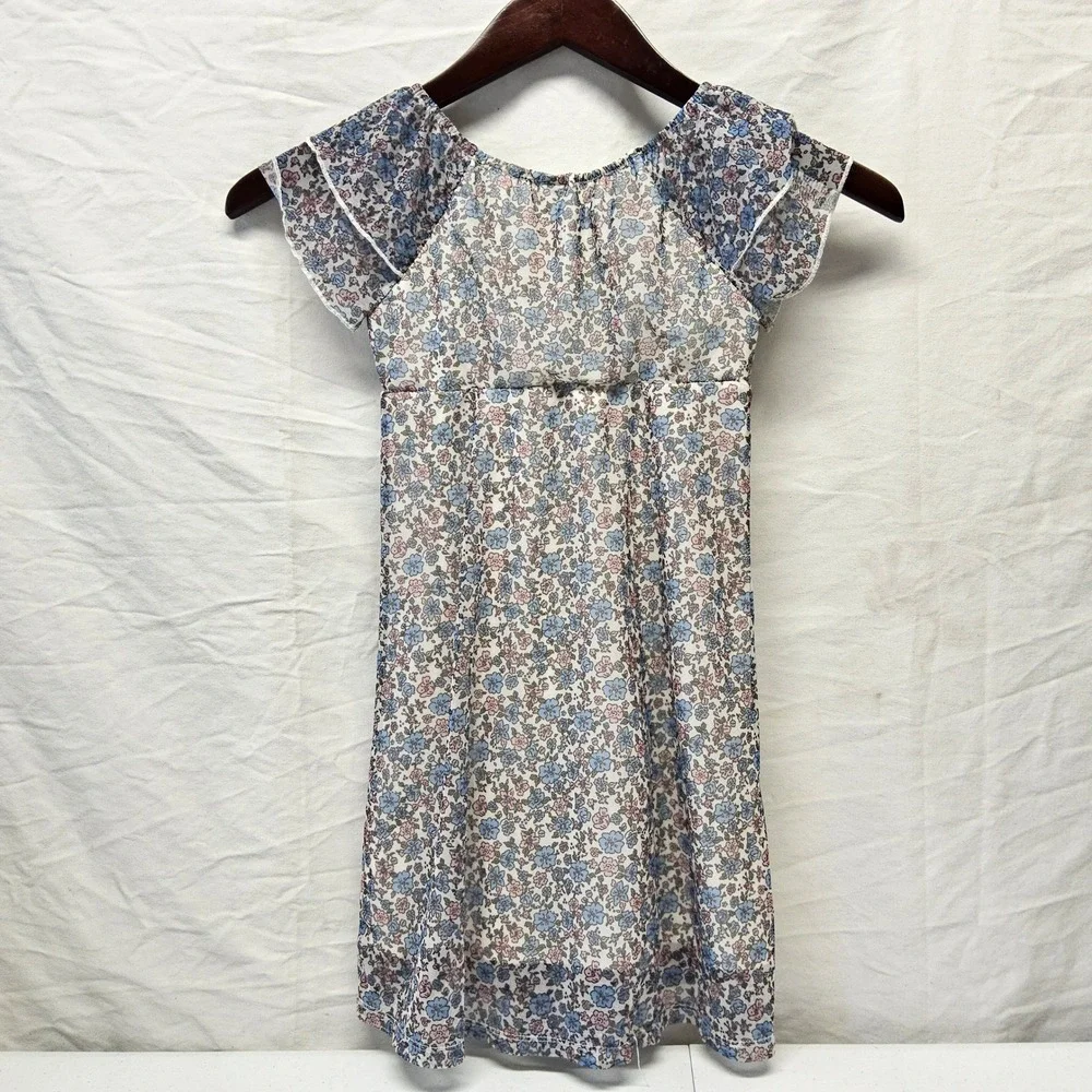 Sweet Butterfly Floral Mesh Dress Girl S 7/8 White Pink Blue Flutter Sleeve Boho